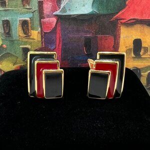 Monet Black & Red Geometric CLIP Earrings